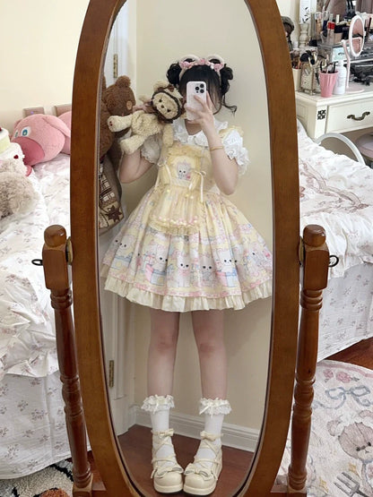Suiyi - Meow Pompom - Sweet Lolita Salopette Dress Suit, Cat Print
