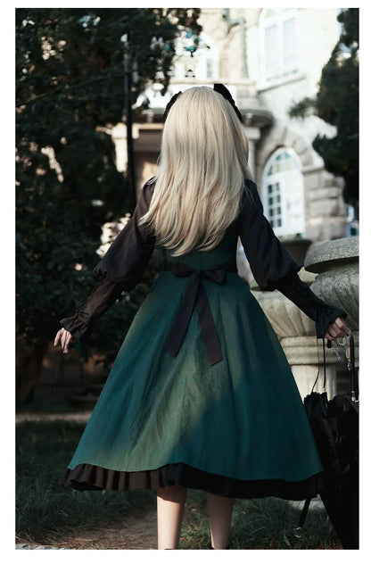With PUJI - College of Potions - Elegantt Lolita OP Dress Black and Green Dress with Cape