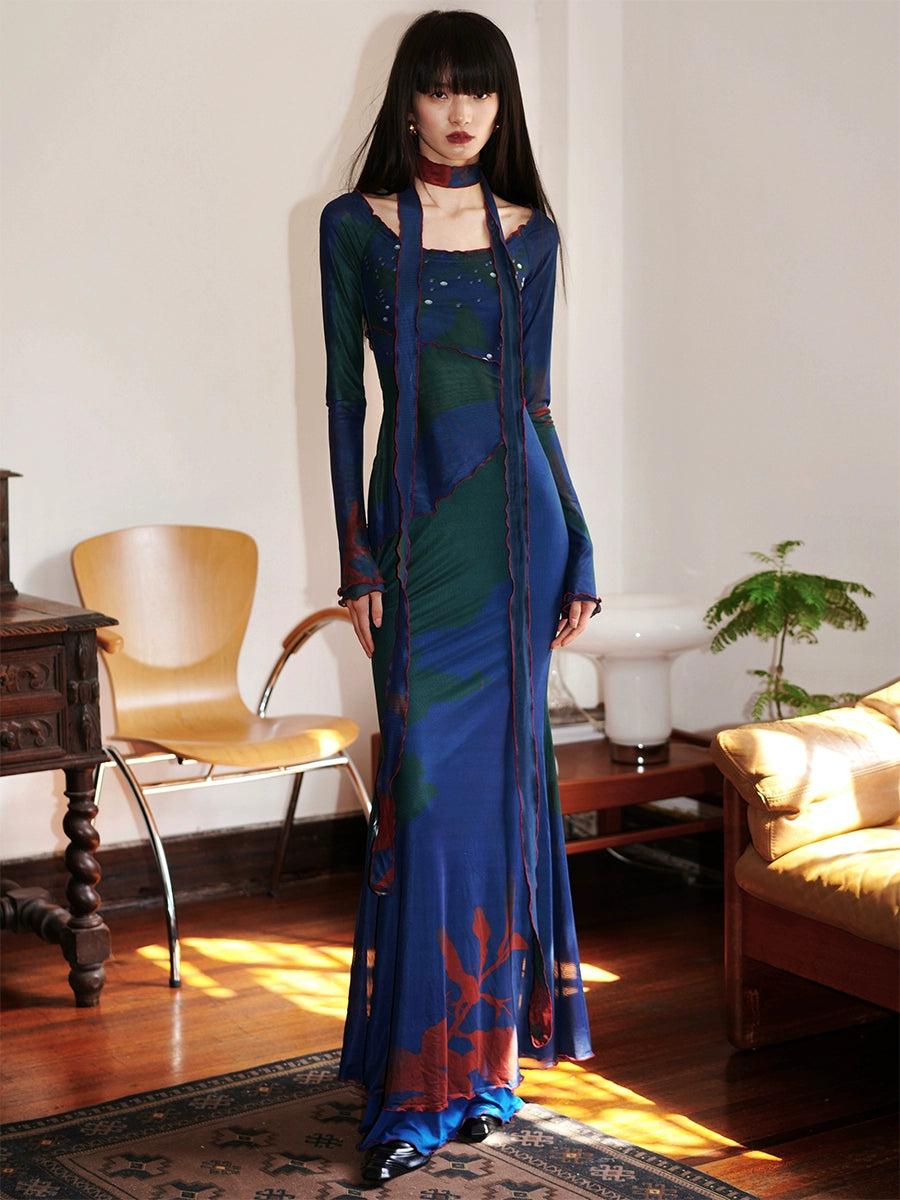 printed mesh maxi dress Slim Hanfu-Style Printed Mesh Maxi Dress