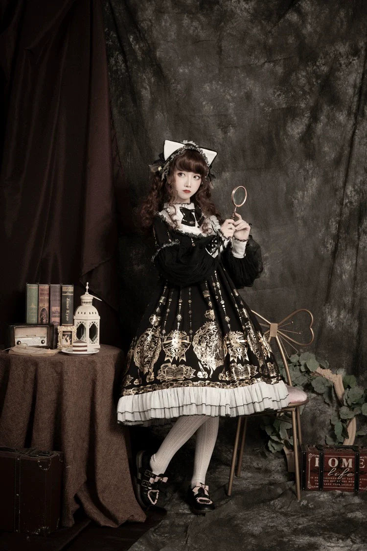 Ilovexiaolu - Foil-Stamped Fairytale Town - Animal Print Gothic Lolita Dress