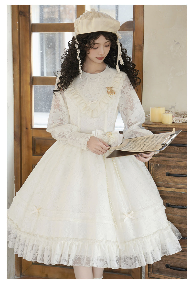 With PUJI - Floral Melody - Ivory Classic Lolita Long Sleeve OP Dress with Layered Bolero