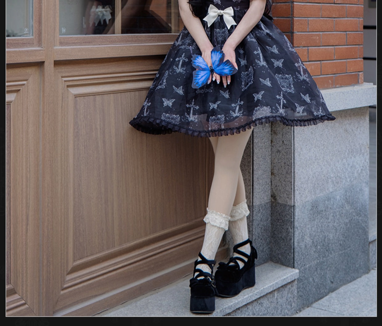 With PUJI - Gothic Butterfly Printing Embroidery Lolita OP