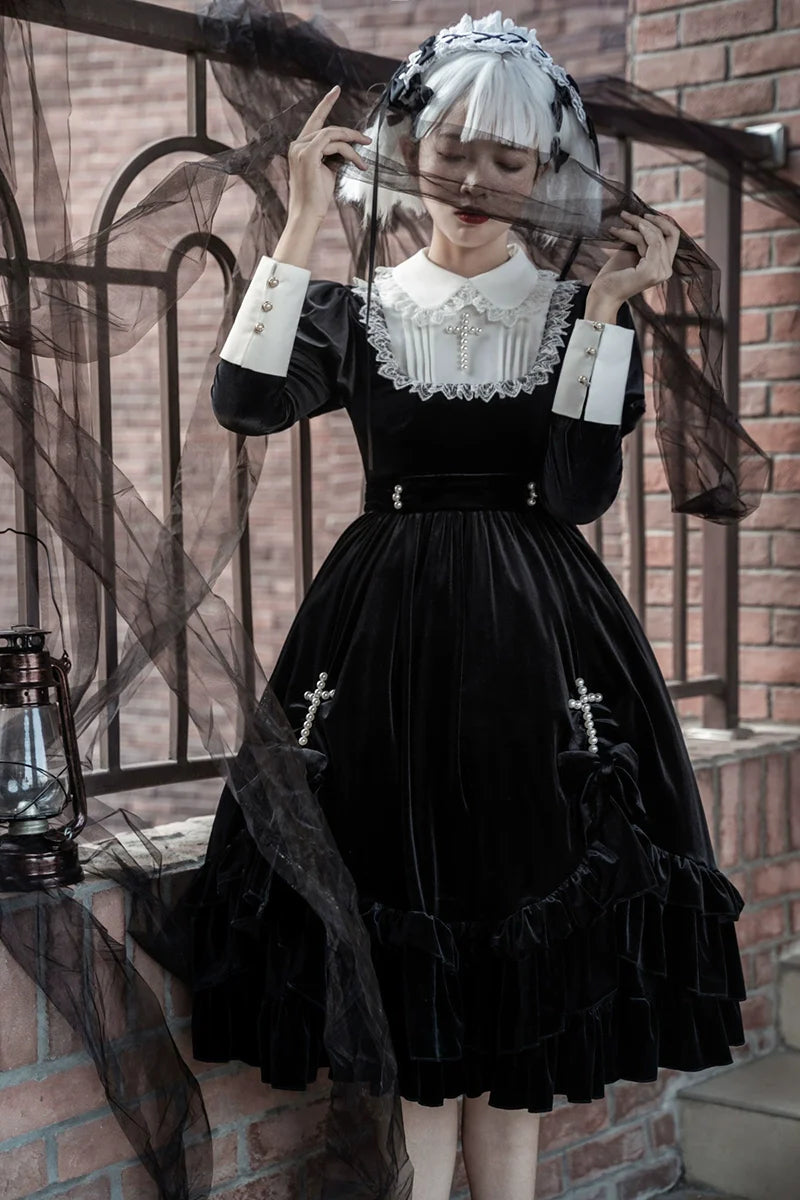 Your Princess - Gothic Lolita Velvet Maid OP Dress, Pearl Cross Accents
