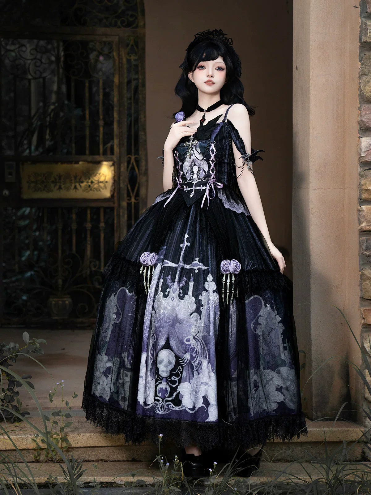 Your Princess - Withered Bone Specter - Gothic Lolita Skirt Set, Rose & Skeleton Hand Decor