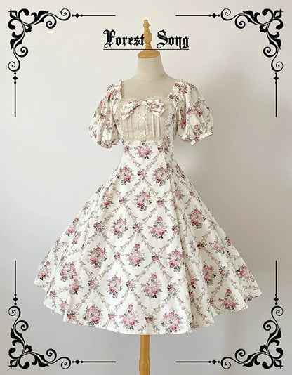 Forest Song - Pastoral Poem - Elegant Lolita OP Dress Floral Print 6-Piece Cut Lolita Dress