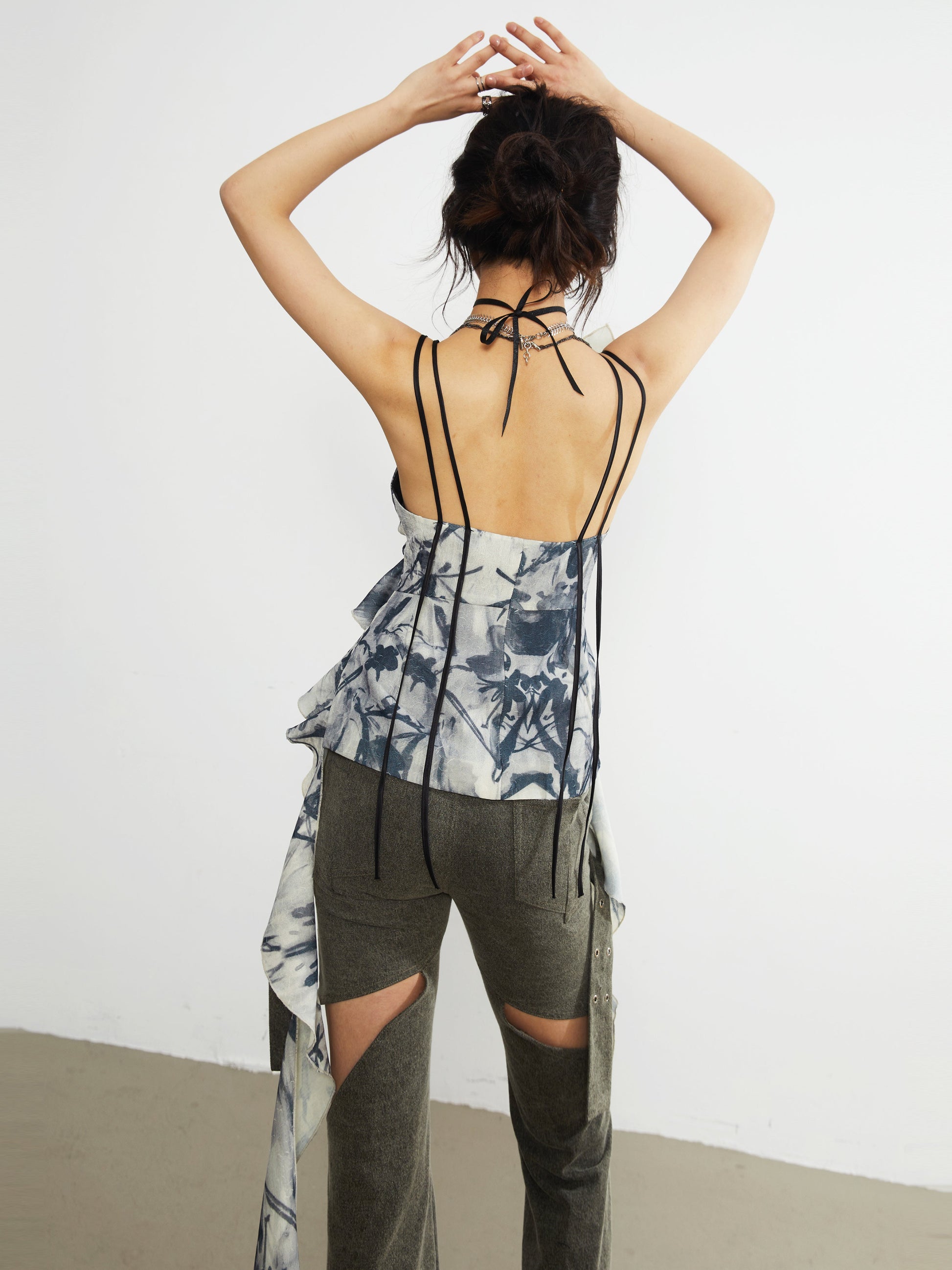 Print Ruffled Square Neck Strap Top