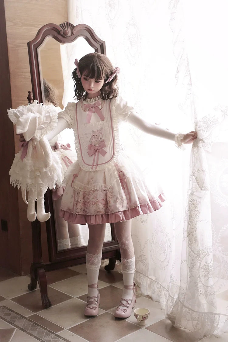 Half Sweet Lolita - Doll Garden - Sweet Lolita JSK Dress Cat Print Pink Dress Set