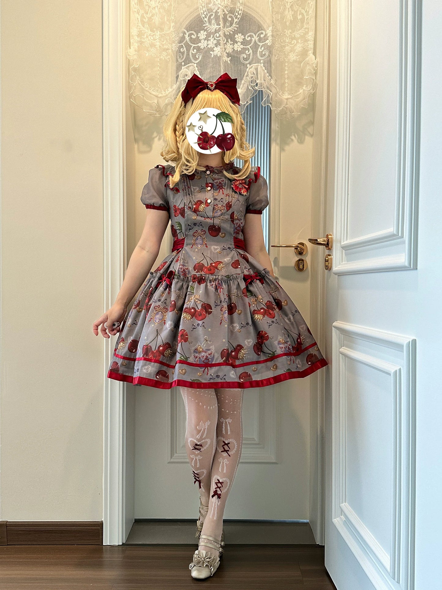 Gloaming - Sweet Lolita Cherry print Short Sleeve OP and SK Set