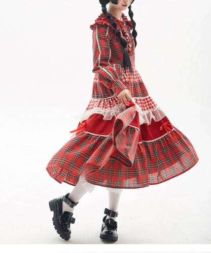 Soso Meme Club - Vintage Lolita OP Dress Red Lolita Plaid Dress for Spring Summer