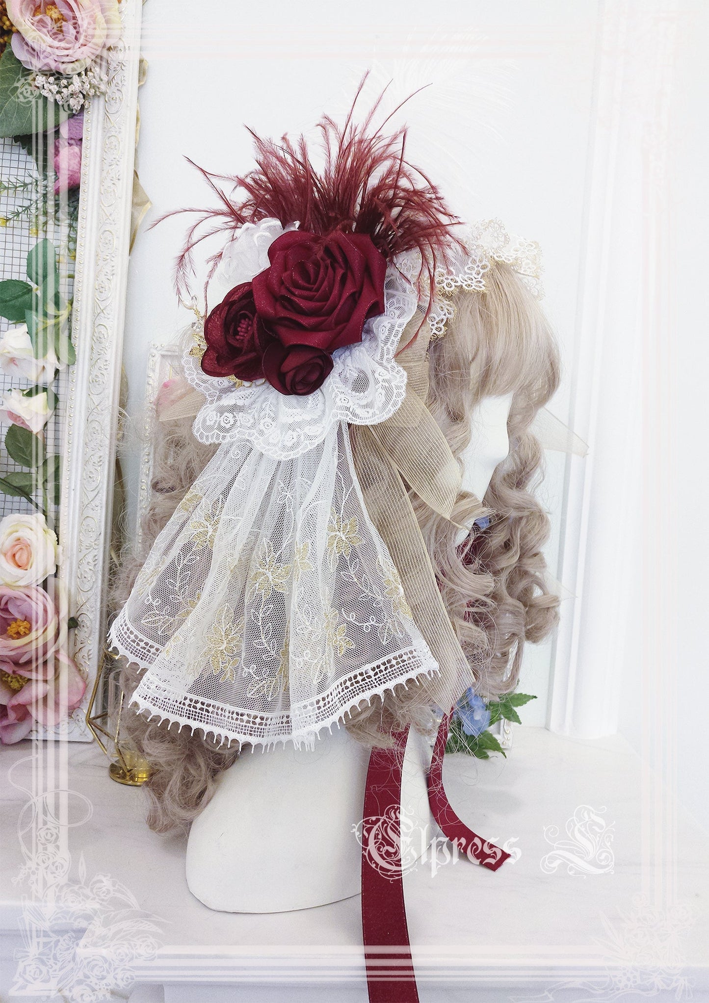 Elpress L - Christmas Flower Hairpins Lolita Mesh Veil KC Bonnet