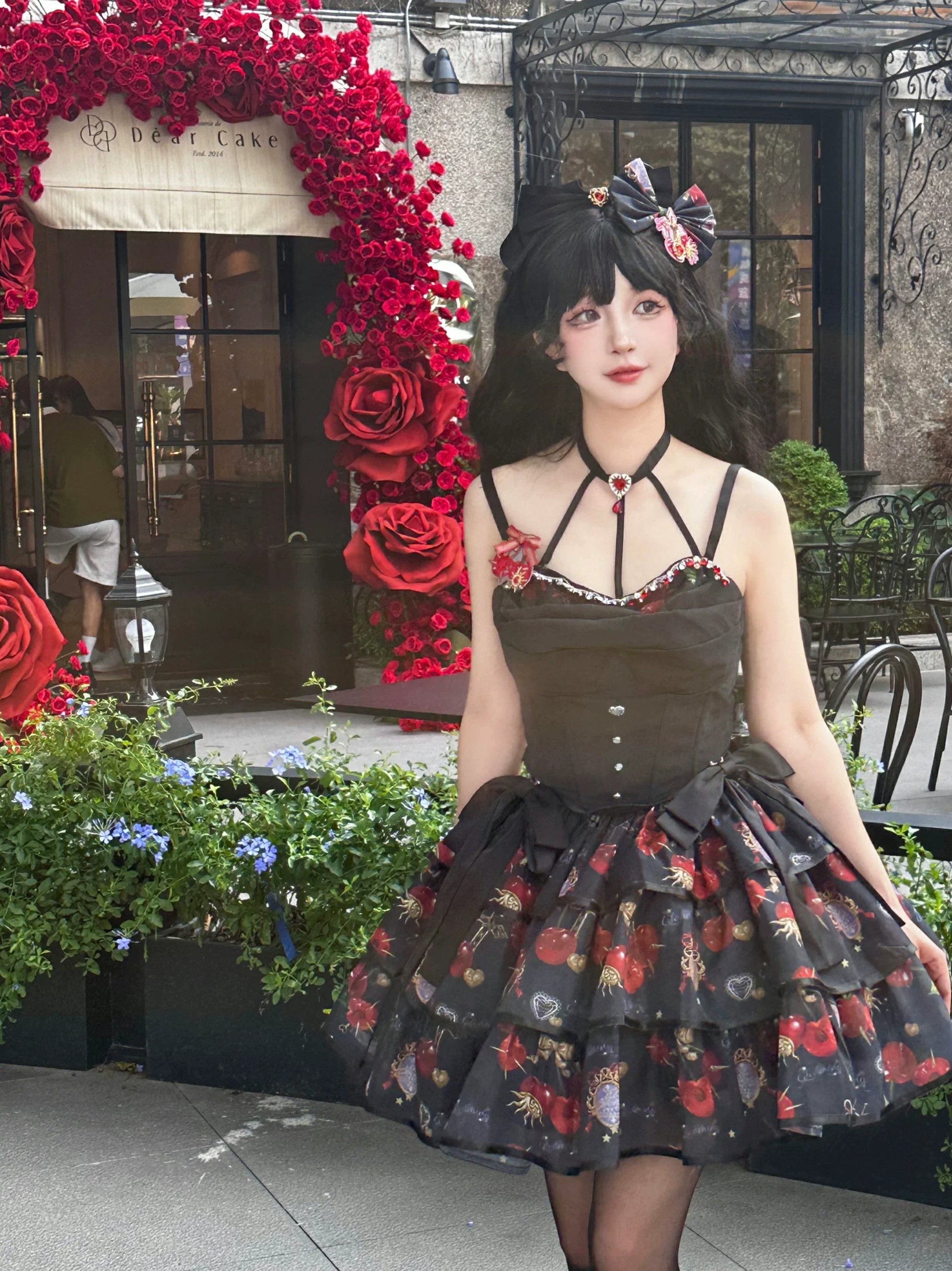 Gloaming - Sweet Lolita Cherry print Short Sleeve OP and SK Set