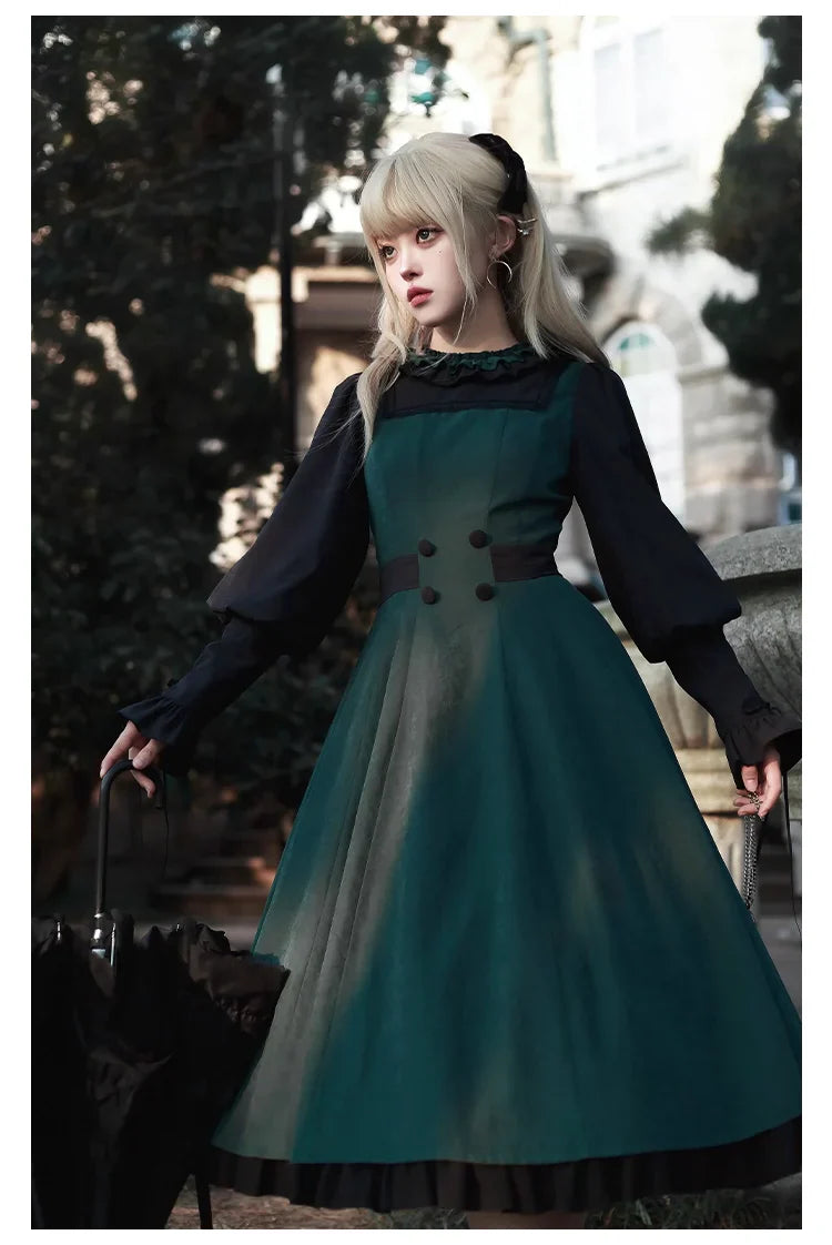 With PUJI - College of Potions - Elegantt Lolita OP Dress Black and Green Dress with Cape