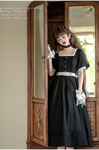 HuTaoMuJK - Thoughts - Vintage Lolita OP Dress Square Neckline Black Lolita Dress