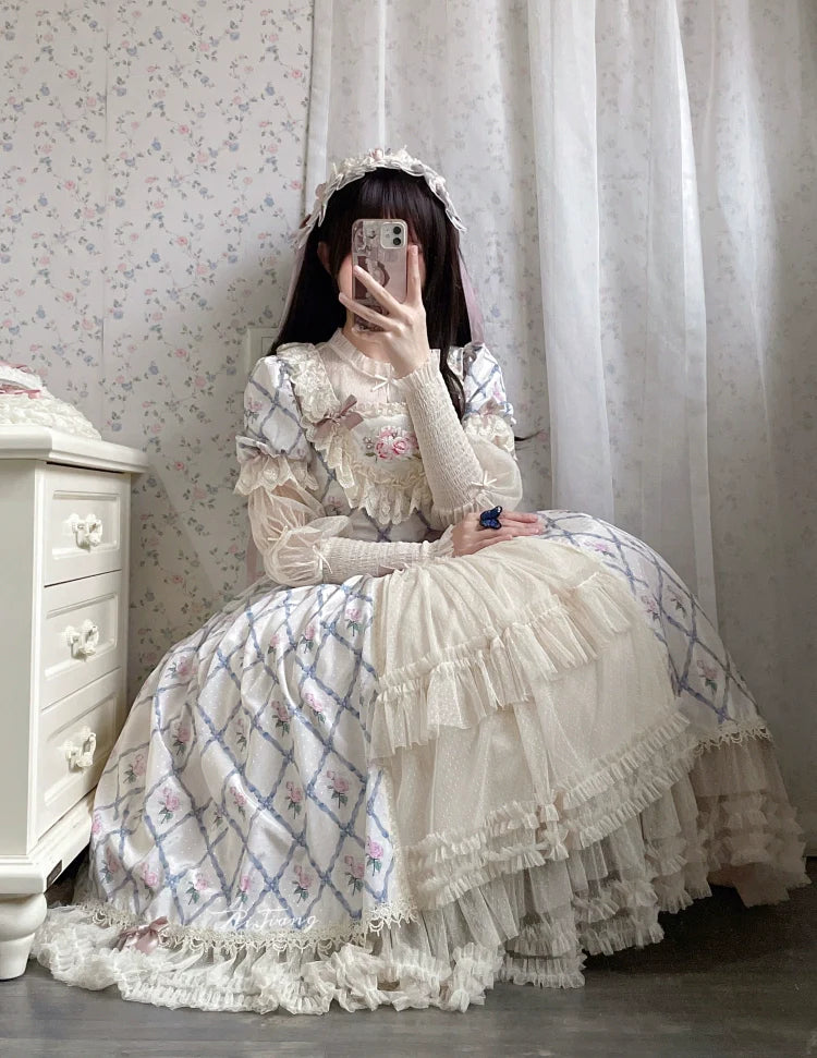 Moon River - Elegant Lolita OP Dress Short Sleeve Square Neckline Print Dress