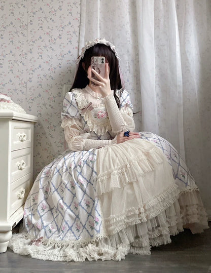 Moon River - Elegant Lolita OP Dress Short Sleeve Square Neckline Print Dress