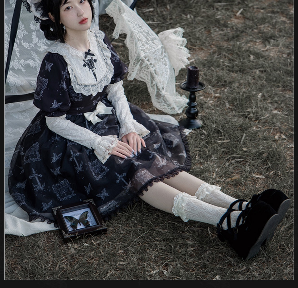 With PUJI - Gothic Butterfly Printing Embroidery Lolita OP