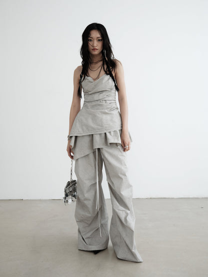 Wide-Leg Casual Pants With Detachable Lotus Skirt