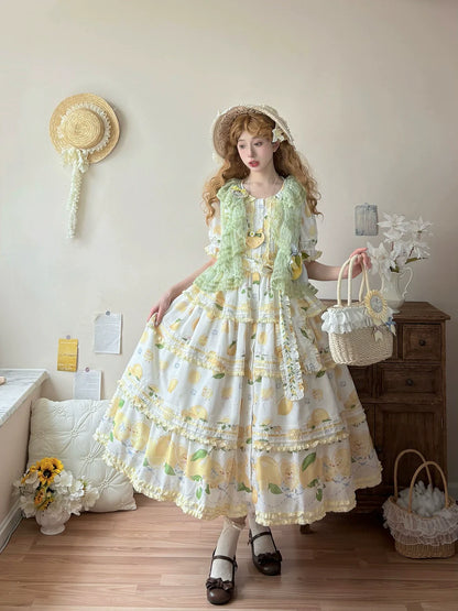 Miss Point - Lemon Chick - Country Lolita Printed OP With Button Front