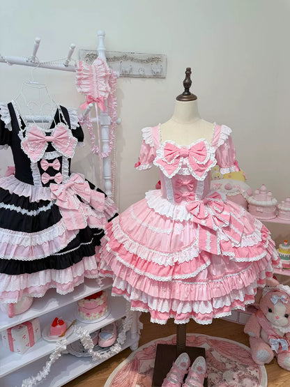 Hanguliang - Showa Flower Butterfly - Pink Sweet Lolita OP Dress With Bows & Lace Trim