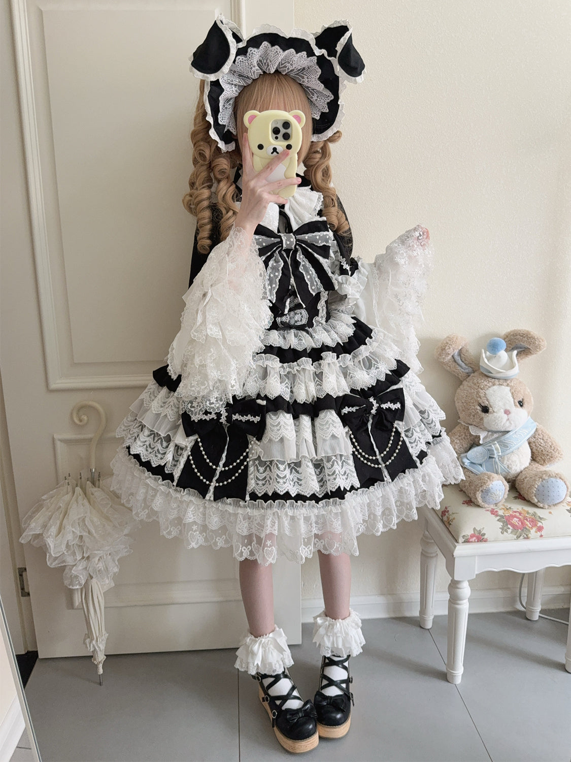 Hanguliang - Cross Heart Knot - Sweet Lolita JSK Suit Tiered Ruffles Dress with Lace Blouse