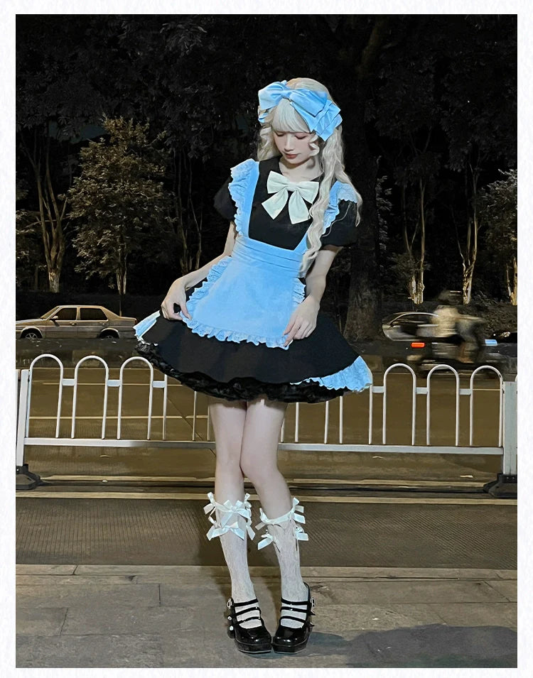 With PUJI - KissKiss - Maid Lolita OP Dress Pleated Lace Multicolor Dress