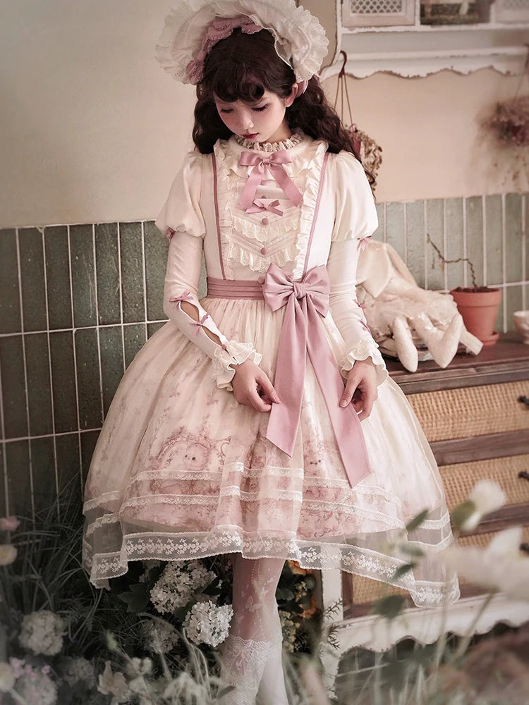 Half Sweet Lolita - Doll Garden - Sweet Lolita JSK Dress Cat Print Pink Dress Set