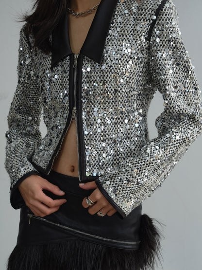 Low Collar Sequined Short Jacket