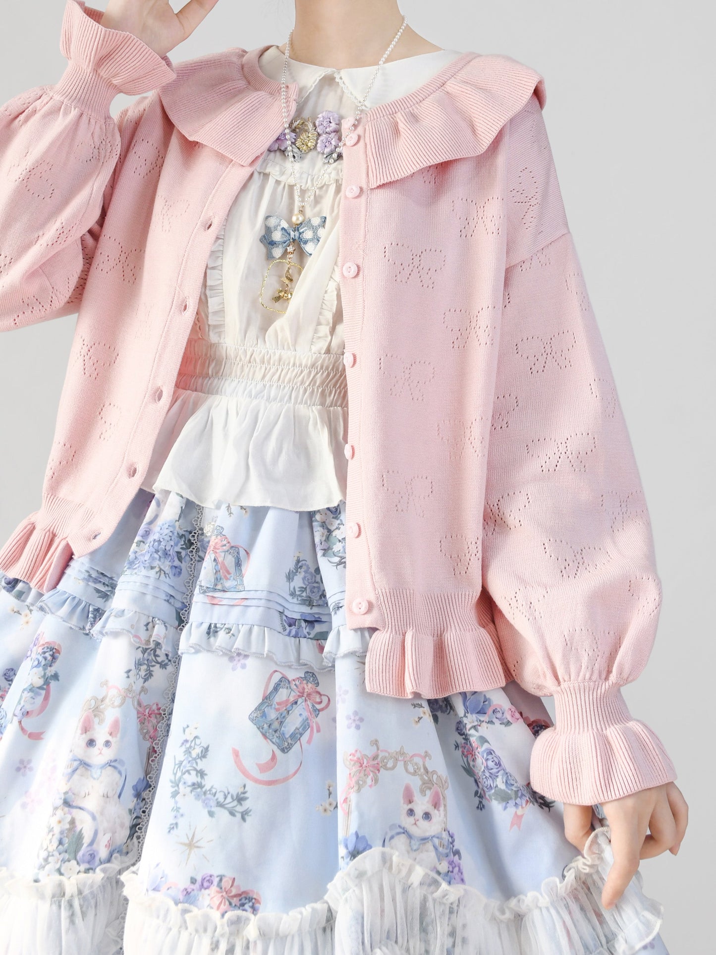 MIST - Vintage Lolita Bow Hollowed-out Sweater Ruffled Cardigan