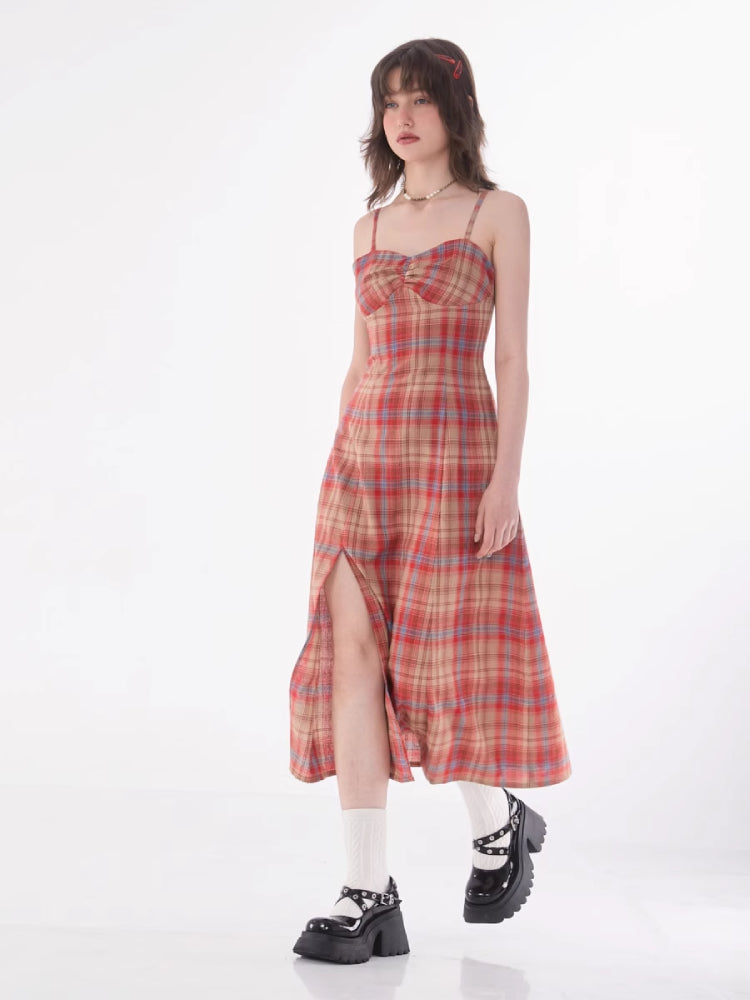 Retro plaid suspender dress【s0000007831】