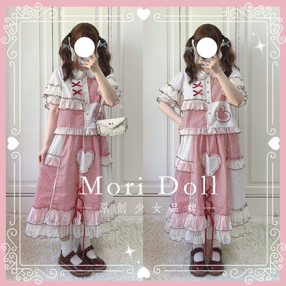 Mori Doll - Peach Tea - Sweet Lolita Dot and Stripe Print Short Sleeve Blouse