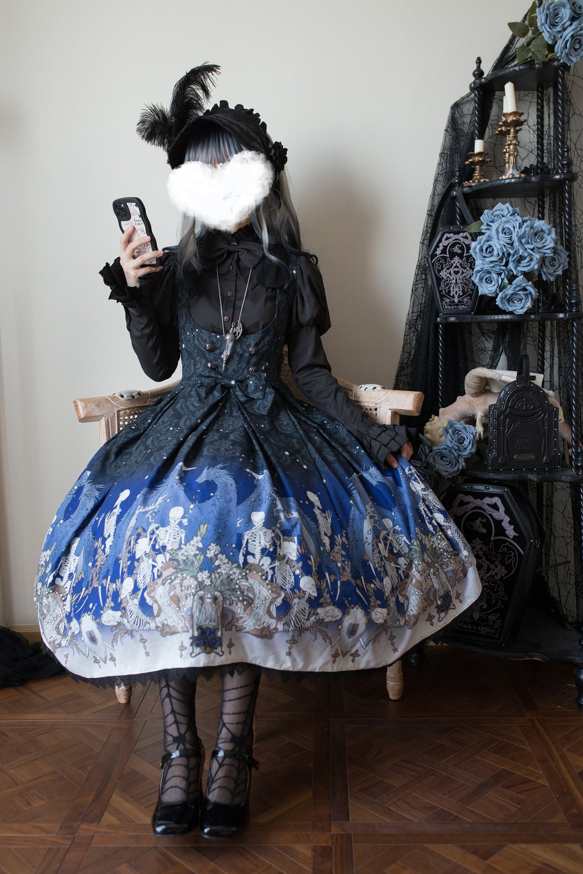 Nn Star - Dragonbone Lily - Dragon Skeleton Print Gothic Lolita Bust-supporting JSK and BNT