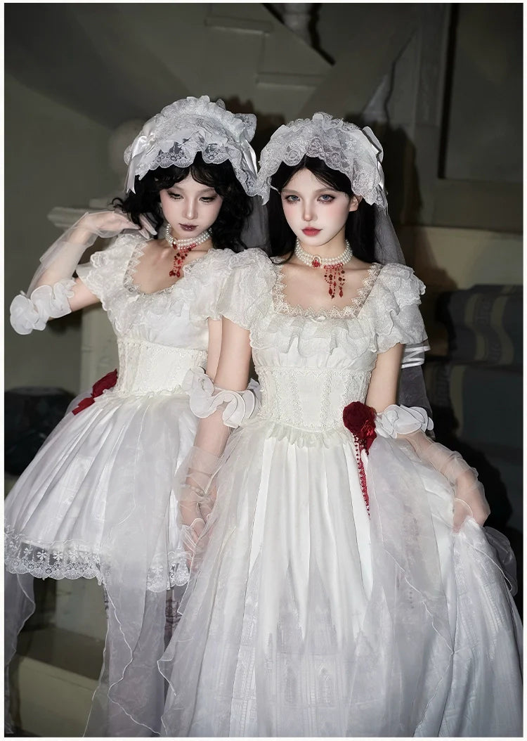 With PUJI - Dawn's Last Light - Castle Printed White Gothic Lolita OP, Two Length Styles