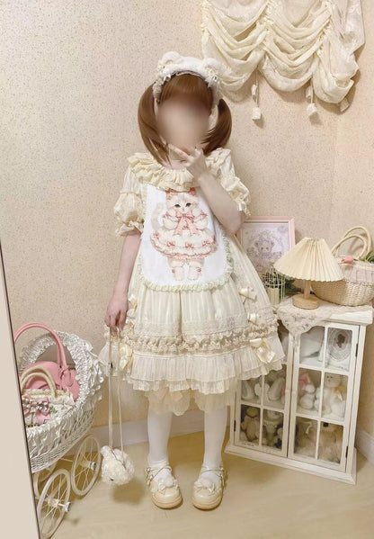 Ilovexiaolu - Meow Lullaby - Cotton Kawaii Lolita OP Dress with Removable Kitty Apron
