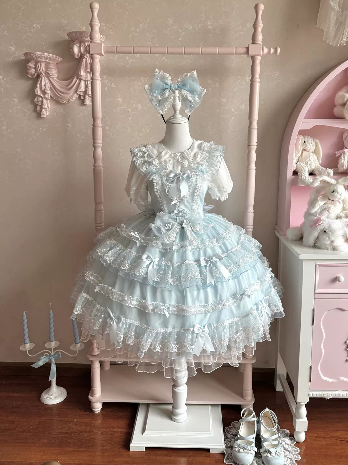 Hanguliang - Fudie Heart - Sweet Lolita JSK Dress With Tiered Skirt and Bow Trailing