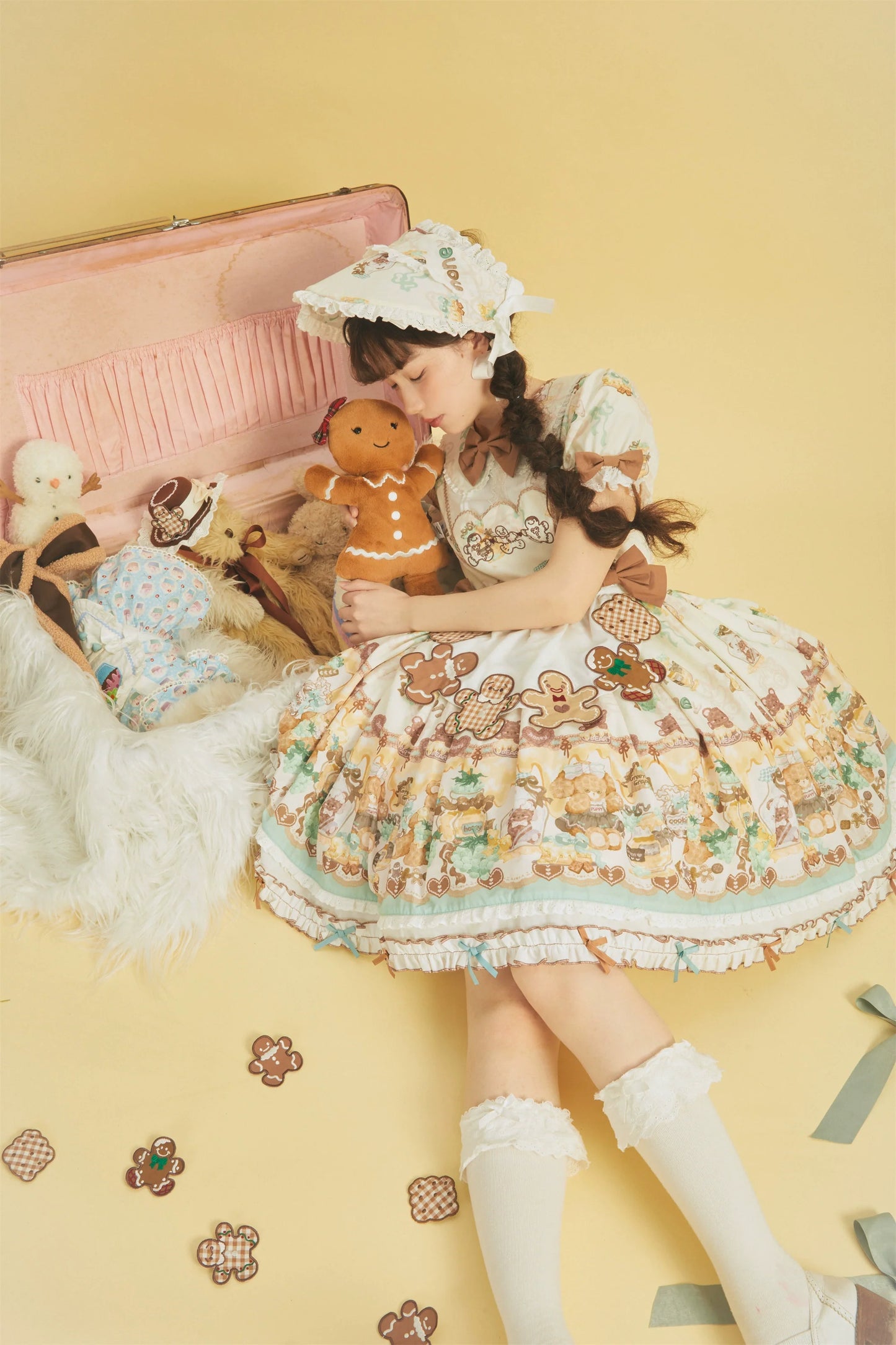 Babyblue - Little Bear Honey Jar - Kawaii Lolita Short Sleeve OP Gingerbread Man Embroidered Dress