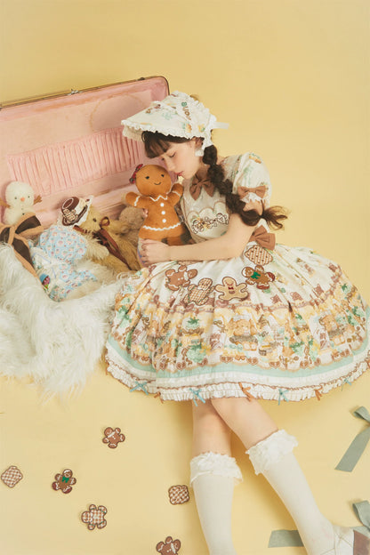 Babyblue - Little Bear Honey Jar - Kawaii Lolita Short Sleeve OP Gingerbread Man Embroidered Dress