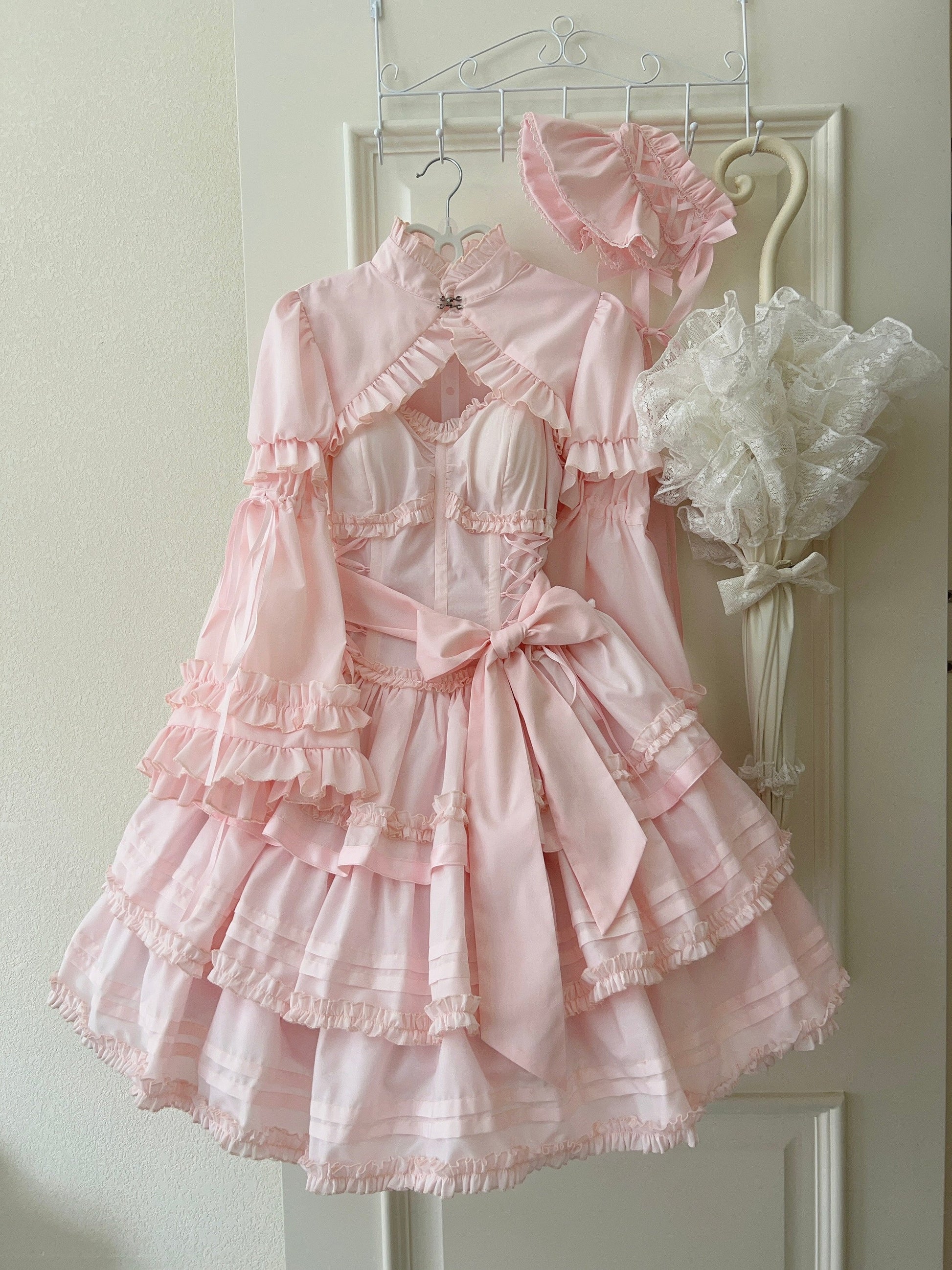 Mengfuzi - Lilith - Pink Sweet Lolita JSK Tiered Ruffle Dress with Bolero