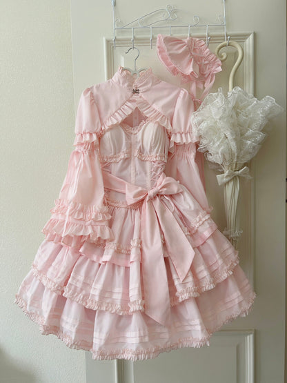 Mengfuzi - Lilith - Pink Sweet Lolita JSK Tiered Ruffle Dress with Bolero