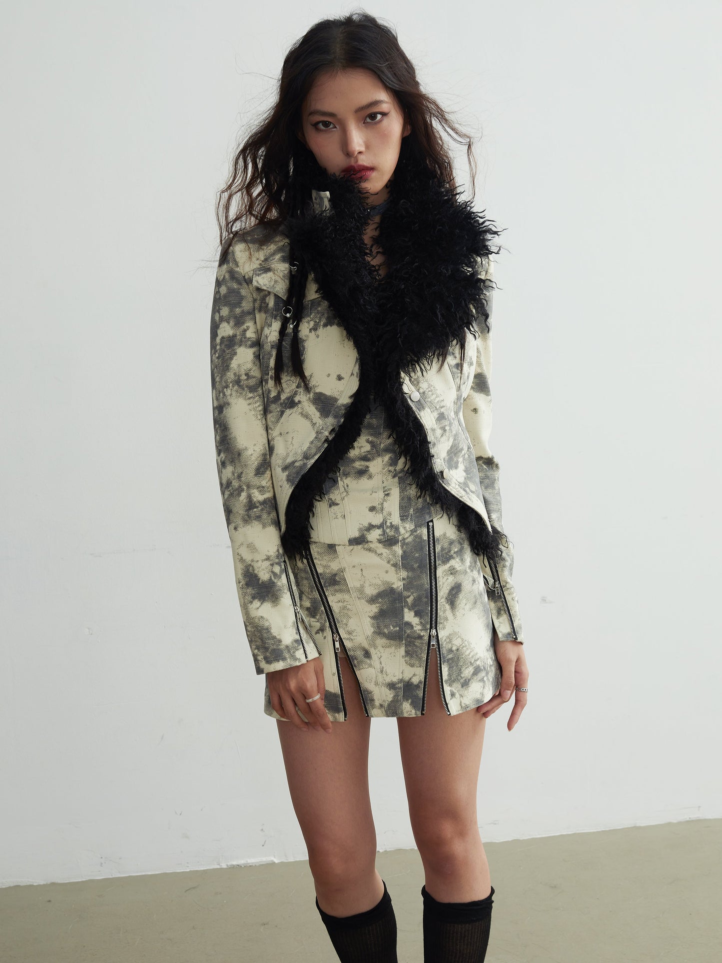 Fur Collar Tie-dye Printed Short Coat