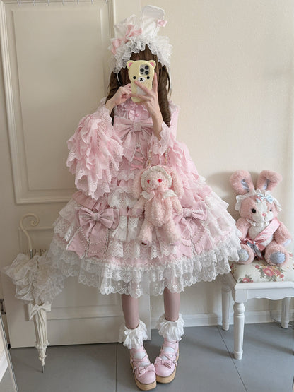 Hanguliang - Cross Heart Knot - Sweet Lolita JSK Suit Tiered Ruffles Dress with Lace Blouse