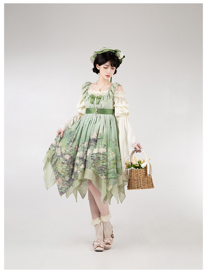 With PUJI - Blooming Rose - Chiffon Classic Lolita Dress Set Painting Styled OP & JSK