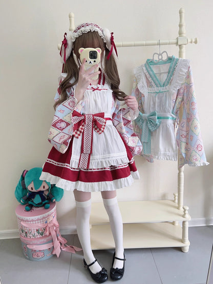 Sugar Girl - Showa Sweetness - Maid Wa Lolita Skirt Set Cute Summer Lolita Bow Apron