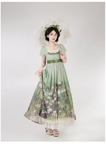 With PUJI - Blooming Rose - Chiffon Classic Lolita Dress Set Painting Styled OP & JSK