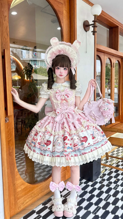 Sweet Dreamland - Bunny Party - Printed Sweet Lolita JSK, Bow Trailing