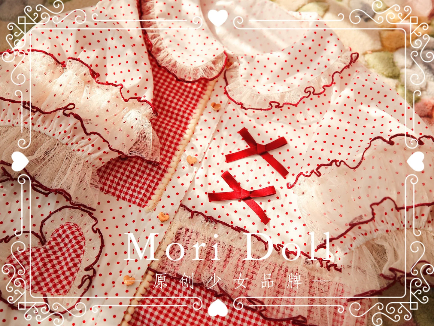 Mori Doll - Peach Tea - Sweet Lolita Dot and Stripe Print Short Sleeve Blouse