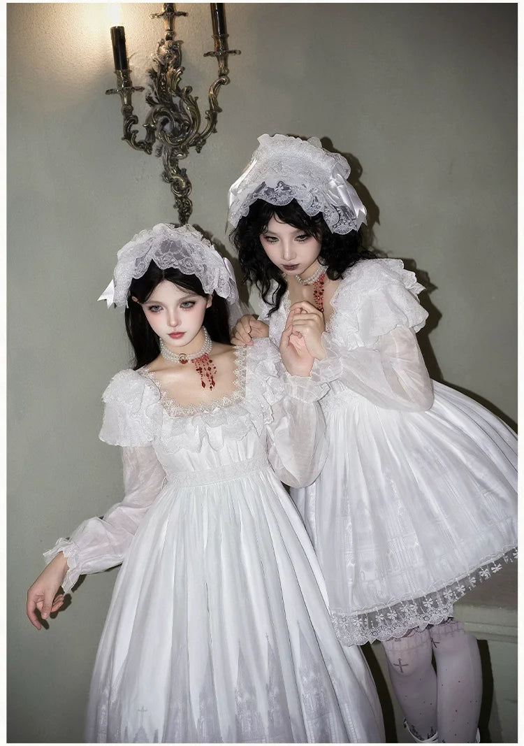 With PUJI - Dawn's Last Light - Castle Printed White Gothic Lolita OP, Two Length Styles