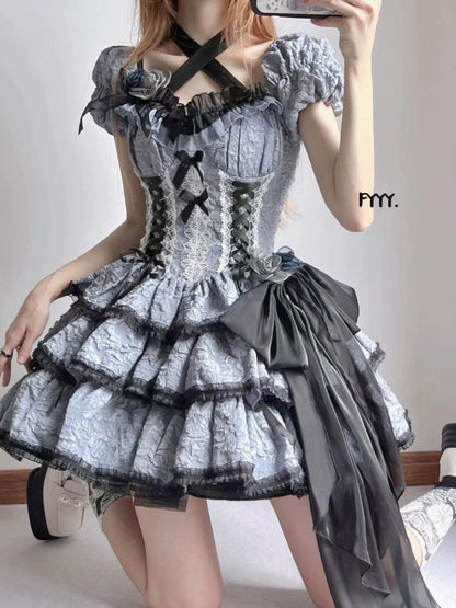 Xingweimian - Medea's Kiss - Gothic Lolita OP Dress Short-Sleeved Black-blue Dress Set