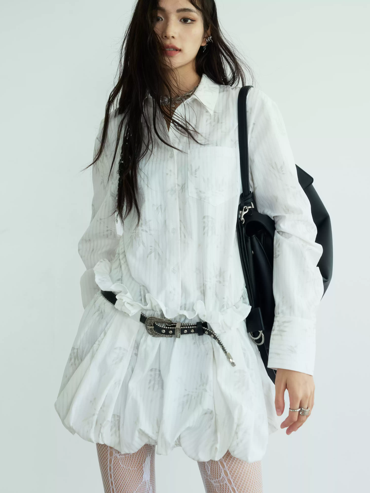 Balloon Stripe Flower Shirt Frill Dress