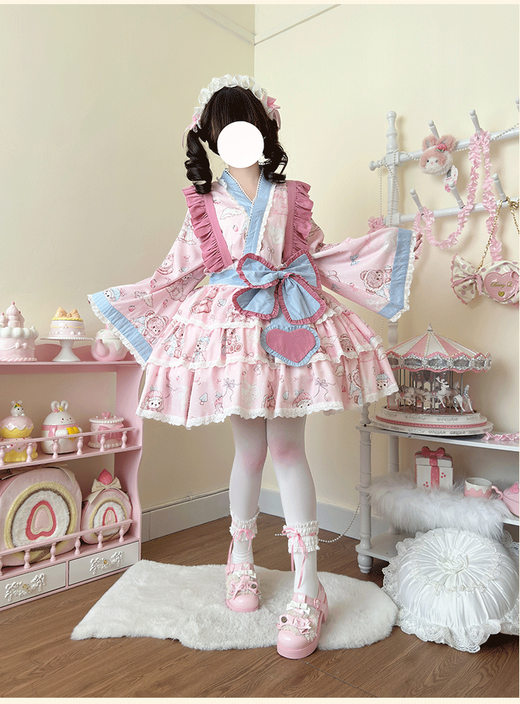 Niu Niu - Showa Moe Bear - Plus Size Wa Lolita Dress Set Kawaii Lolita SK Suit