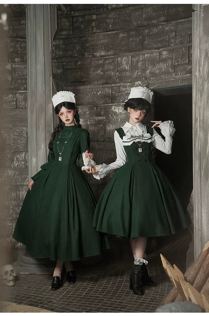 With PUJI - Letter and Poetry ﾂｷ Abyss Clinic - Gothic Lolita Green Dress Set